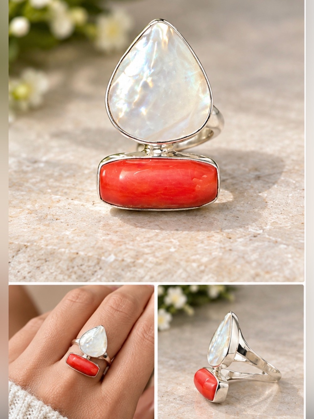 Sterling Silver Moonstone & Coral Double-Stone Ring - White and Coral Red